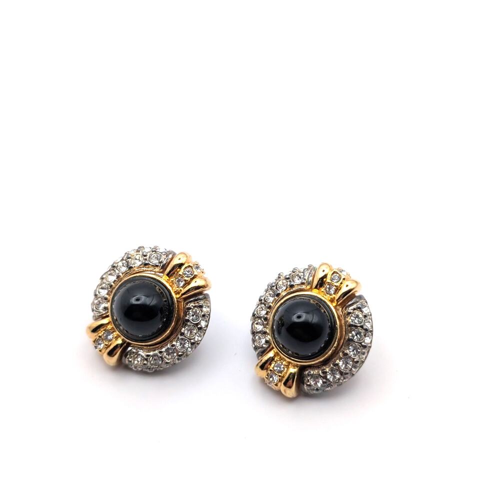 Jesara Vintage Gold Black Glass Cabochon Statement Clip On Earrings - Picture 2 of 10